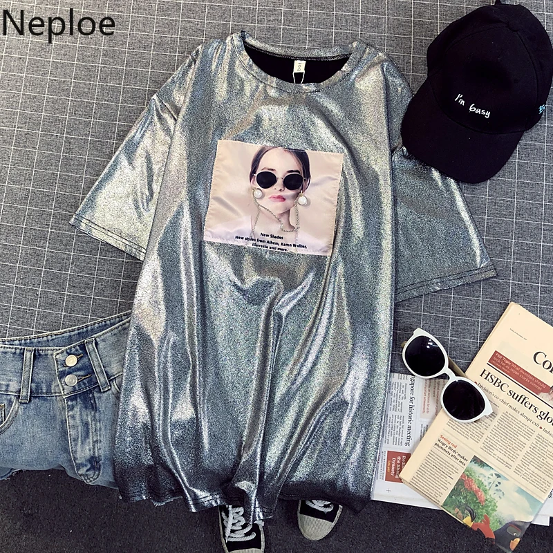 Neploe Harajuku Эстетическая футболка бисерный принт топы с короткими рукавами футболки летняя мода Свободный стиль бойфренд Повседневная Длинная Футболка
