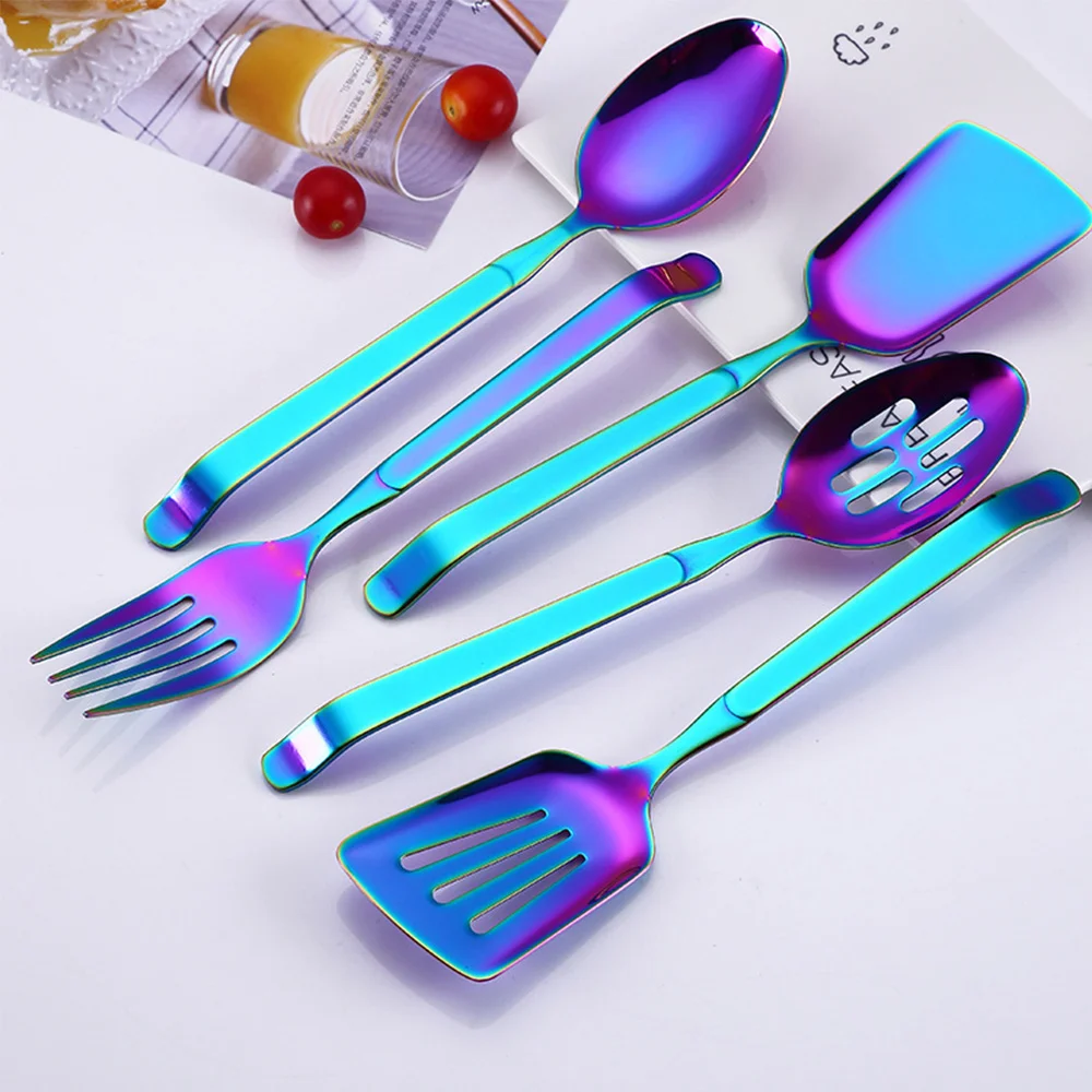 

Creative Stainless Steel Rainbow Color Tableware Slotted Dinner Spatula Turner Forks Cutlery Set Common Dinnerware Kitchen Tools