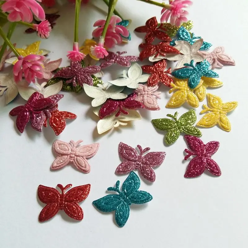 

50pcs/lot Random Mixed Colored Glitter butterfly patches applique Felt scrapbooking sticker DIY Felt Pads