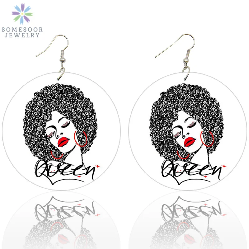 SOMESOOR Printed Black Sayings Wood Drop Earrings African Queen Locs Smart Afro Natural Hair Power Dangle Jewelry For Women Gift - Окраска металла: Both Sides Print 1