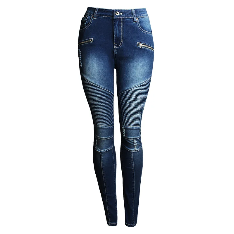 Популярные Модные, средняя посадка джинсы растягивающиеся полной длины карандаш молнии завернутые плиссированные сексуальные обтягивающие джинсы синего цвета женские джинсы