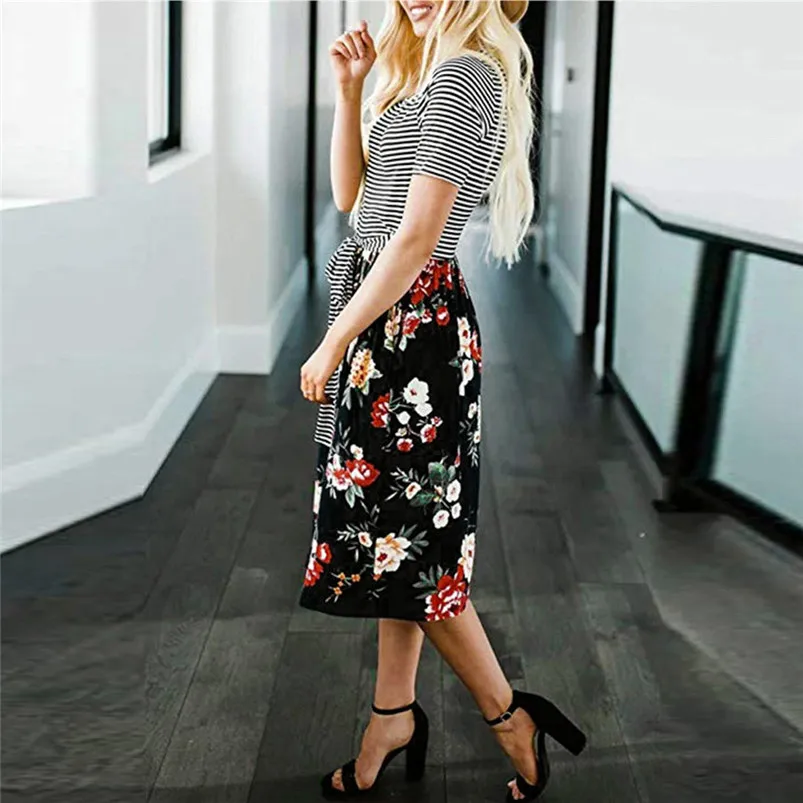  Women's Short Sleeve Stripe Floral Print Tie Waist Swing Midi Dress with Pockets Summer Holiday Dress For Ladies Girls 40MY14 (4)