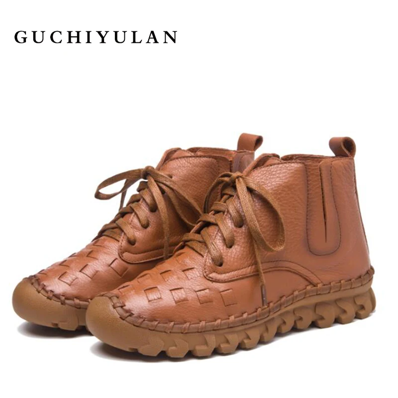 

fashion Genuine Leather Woven Snow Boots Women Top Quality Flat Shoes 2018 New lace up Ankle shoes women winter Warm Fur shoes