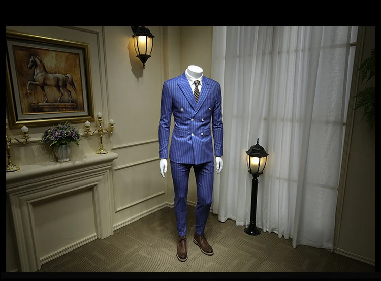 XM GEEKI европейский и американский джентльмен Небесно-Голубой двубортный мужской костюм Британский деловой костюм полосатый пиджак 365tz43