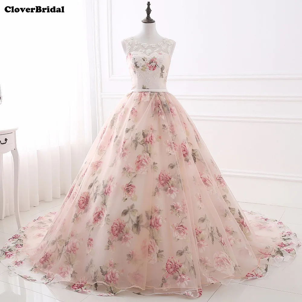 

CloverBridal in stock cheap illusion appliques neck pink tulle print dresses prom 2017 under $70USD ball gown vestidos de gala