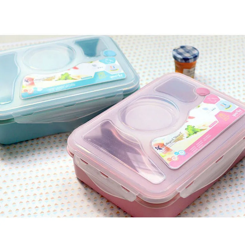 4 Cells Helath Plastic Bento Lunch Box Tableware Set Food Container Microwave School Lunch Boxes Sub-grid Design With Spoon (10)