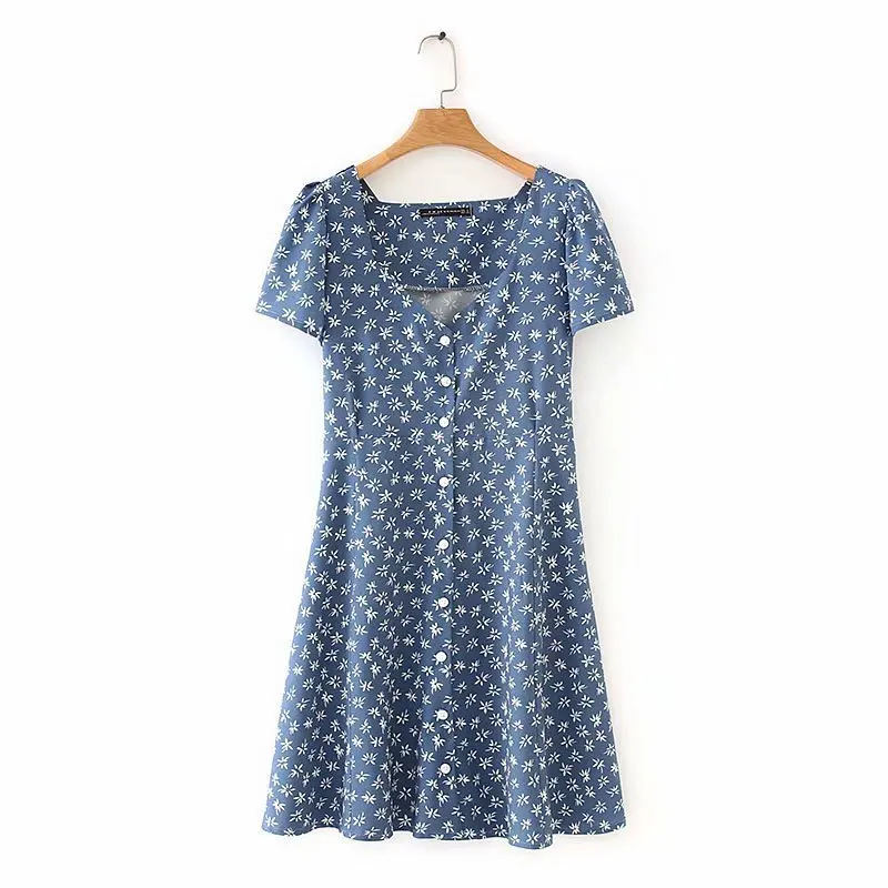 

YD40-8827 European and American fashion printing belt buttons v-neck dress
