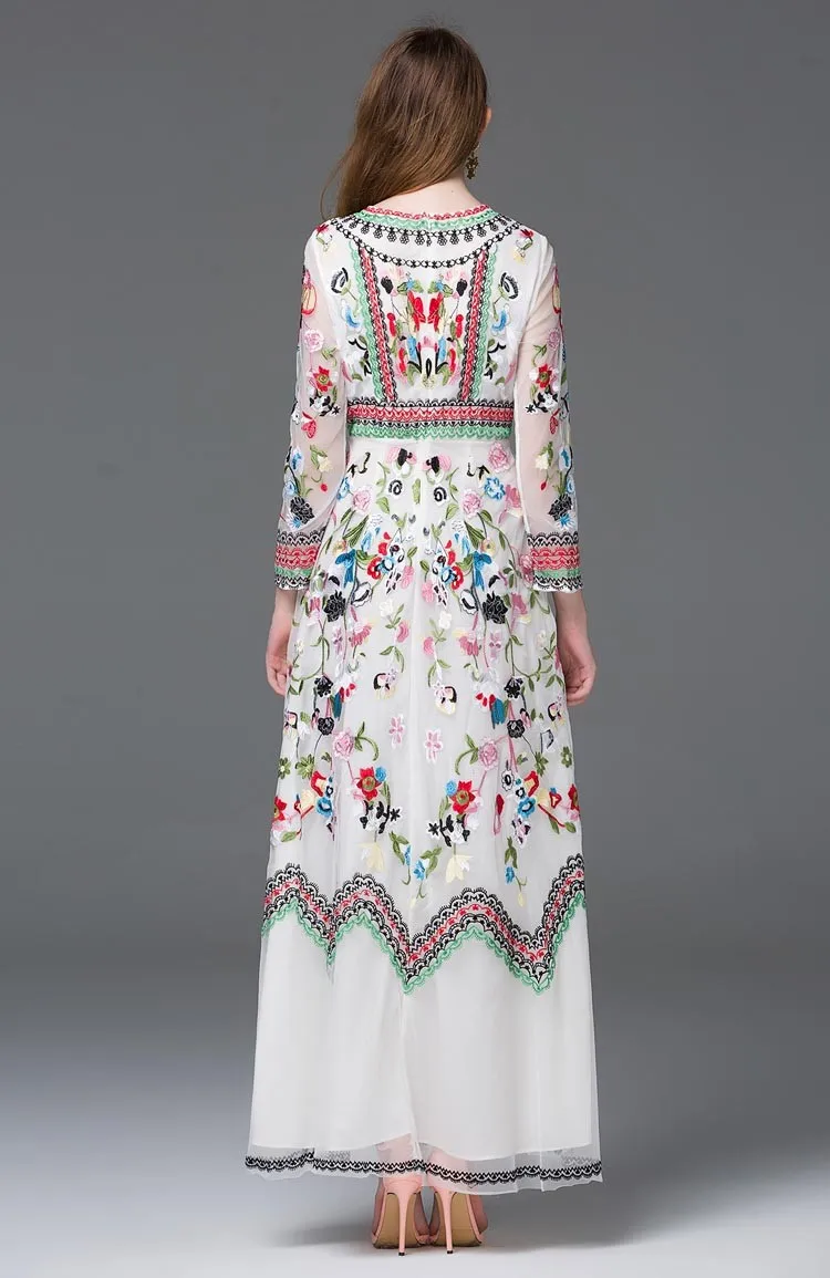 Новое поступление года: элегантные платья макси для подиума с длинными рукавами, круглым вырезом и вышивкой, в двух цветах, большие размеры