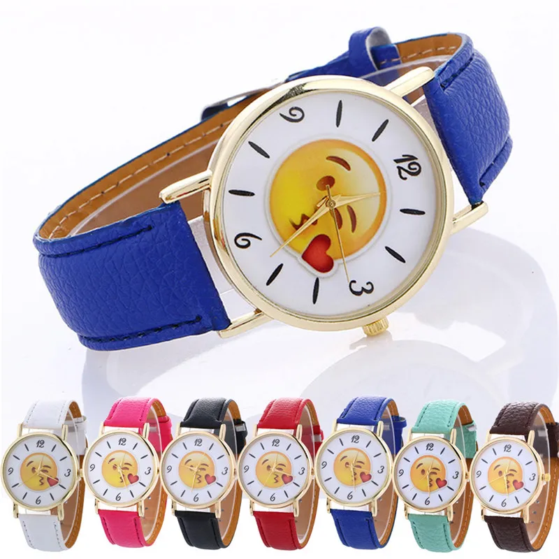 Fashion Women Neutral Cute Expression Fashion Leather Quartz Wrist Watch Casual Watch Clock Montre Femme #2AP26 (3)