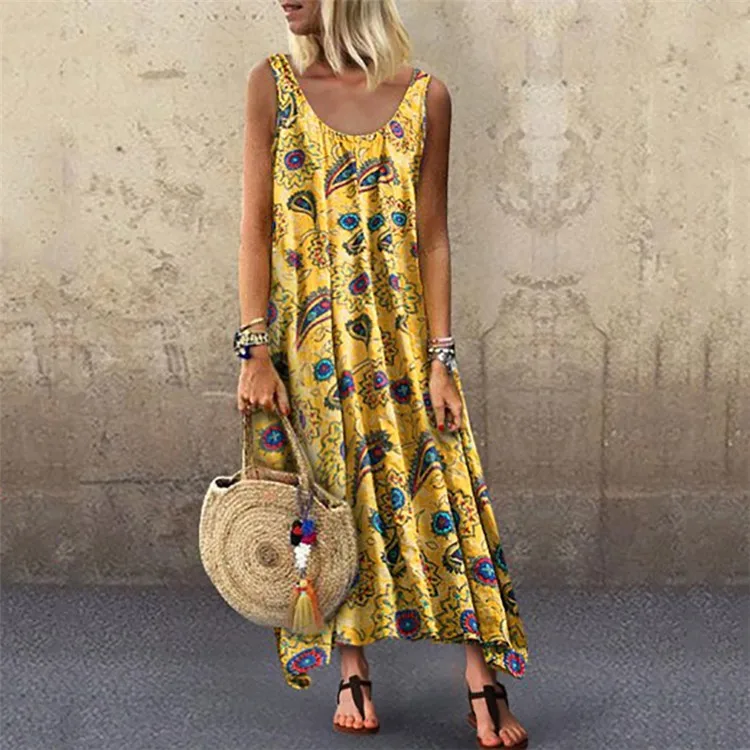 

Plus Size Women Summer Dress Floral Print Linen Female Casual Fashion Long Yellow O-Neck Loose Vintage Holiday Dresses