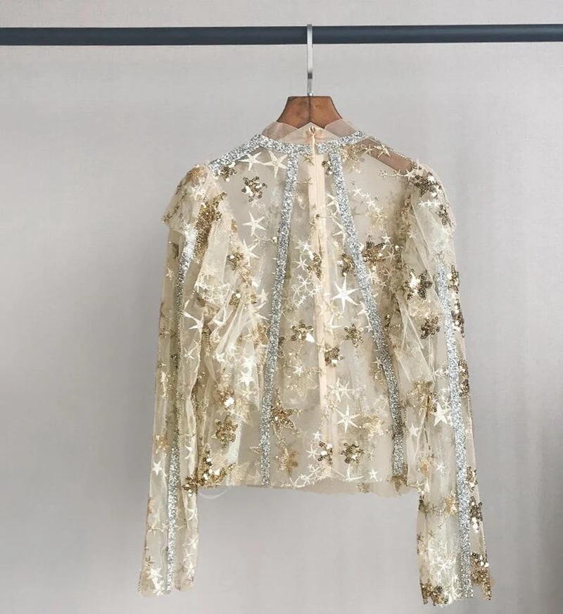 Золотистые сетчатые вышитые блузки женские Подиумные женские высококачественные рубашки со звездами и пайетками Топы