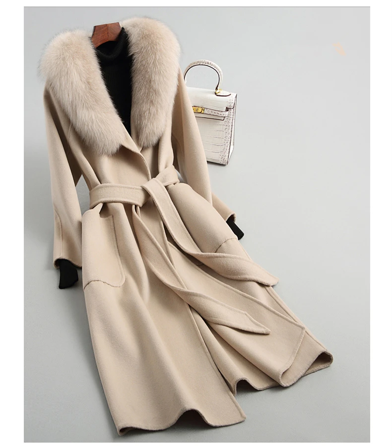 AYUNSUE шерстяное Женское пальто с воротником из натурального Лисьего меха, длинное тонкое шерстяное пальто с поясом, осенне-зимняя женская куртка JH17196