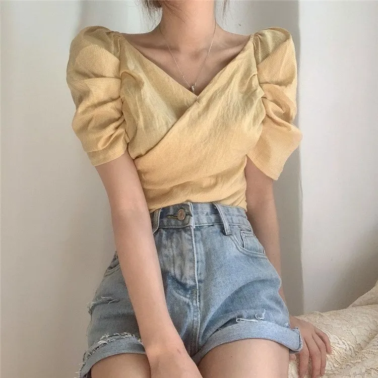 Fashion 2019 Pleated Plaid Sexy Shirt Women Short Puff Sleeve Slim Blouse Cross V-Neck Vintage Casual Mujer Top
