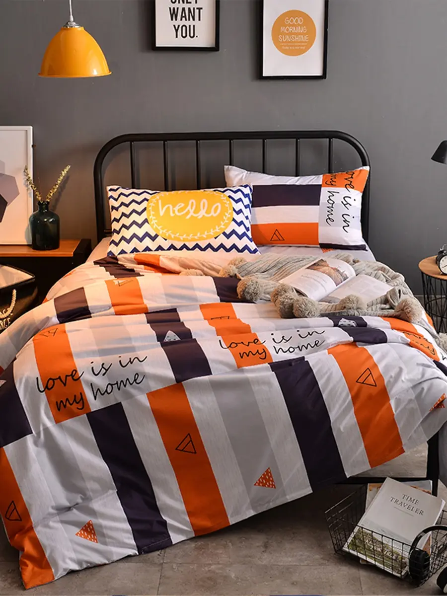 

4Pcs Bed Cover Set Striped Pattern Colourblock Cozy Soft Sheet Cover