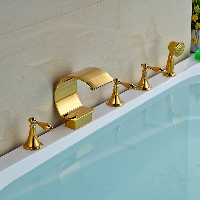 

Modern Luxury Golden Polish Bathroom Tub Faucet 5pcs Deck mounted Tub Tap Mixer Faucet