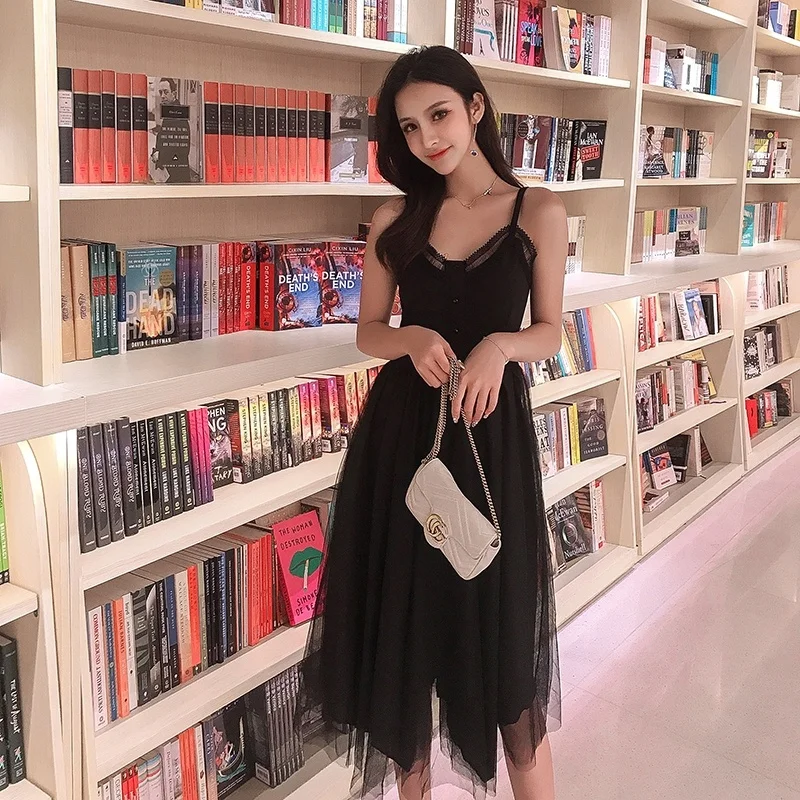 

Sexy Women's Maxi Dress Lace Sling Stitching Long Dress Retro Black Dresses Plus Size Women Clothing