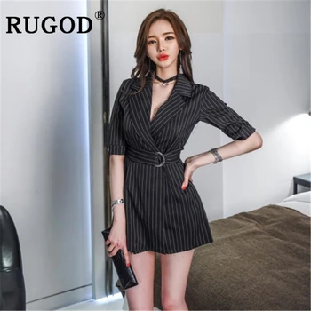 

RUGOD Office ladies stripe slim playsuit Elegant turn-down collar short sleeve Jumpsuit Playsuits With Lace Up Korean bodysuit