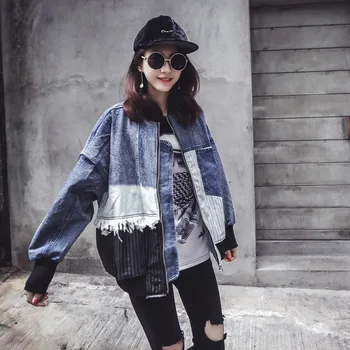 

Coats Real Cotton Spliced Full Patchwork O-neck No 2017 Spring New Stitching Cowboy Jacket Loose Stripes Stitch Tassel Female