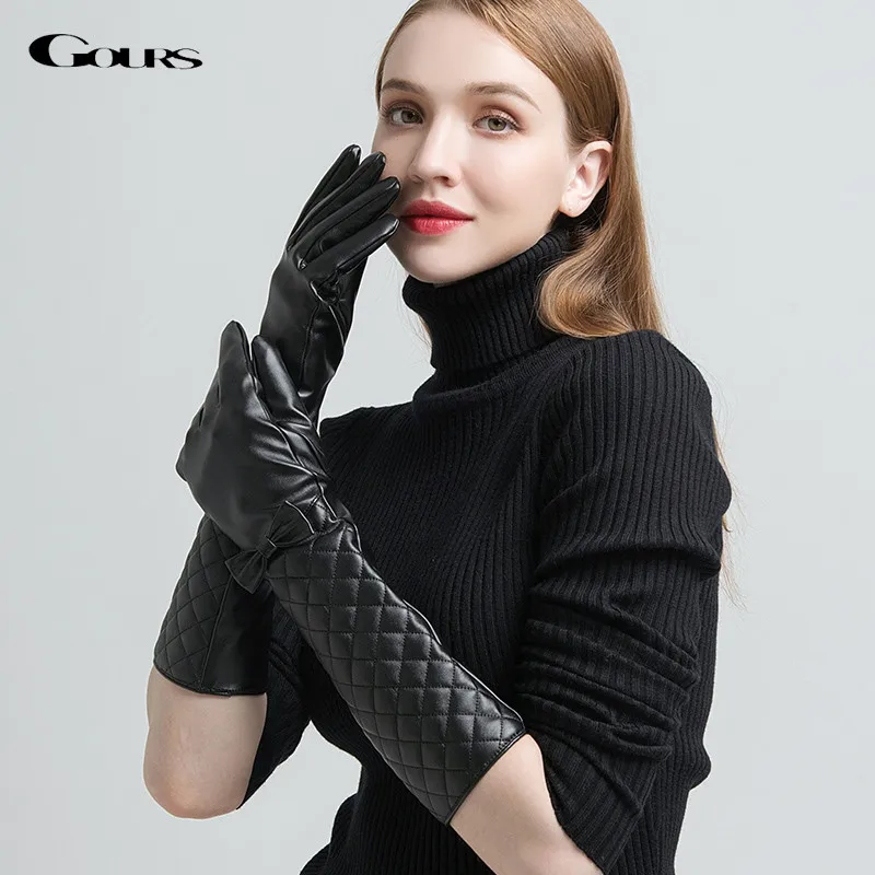 

Gours PU Leather Gloves for Women Fashion Brand Black Touch Screen Long Finger Gloves Bow-knot Warm In Winter New Arrival GSL043