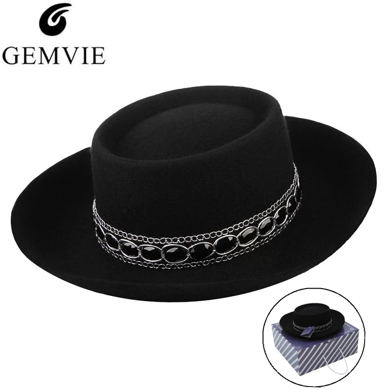 

100% Wool Fedoras Felt Hat for Men Women Retro Wide Brim Flat-top Wool Felt Hat Unisex Jazz Cap With Rhinestone Top Hat With Box