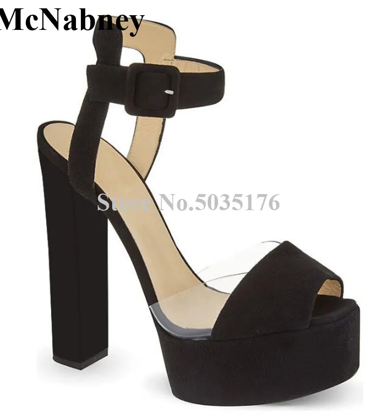 

2019 European Fashion PVC Peep Toe High Platform Sandals Ankle Strap Buckle High Hoof Heel Sandals Dress Women Shoes