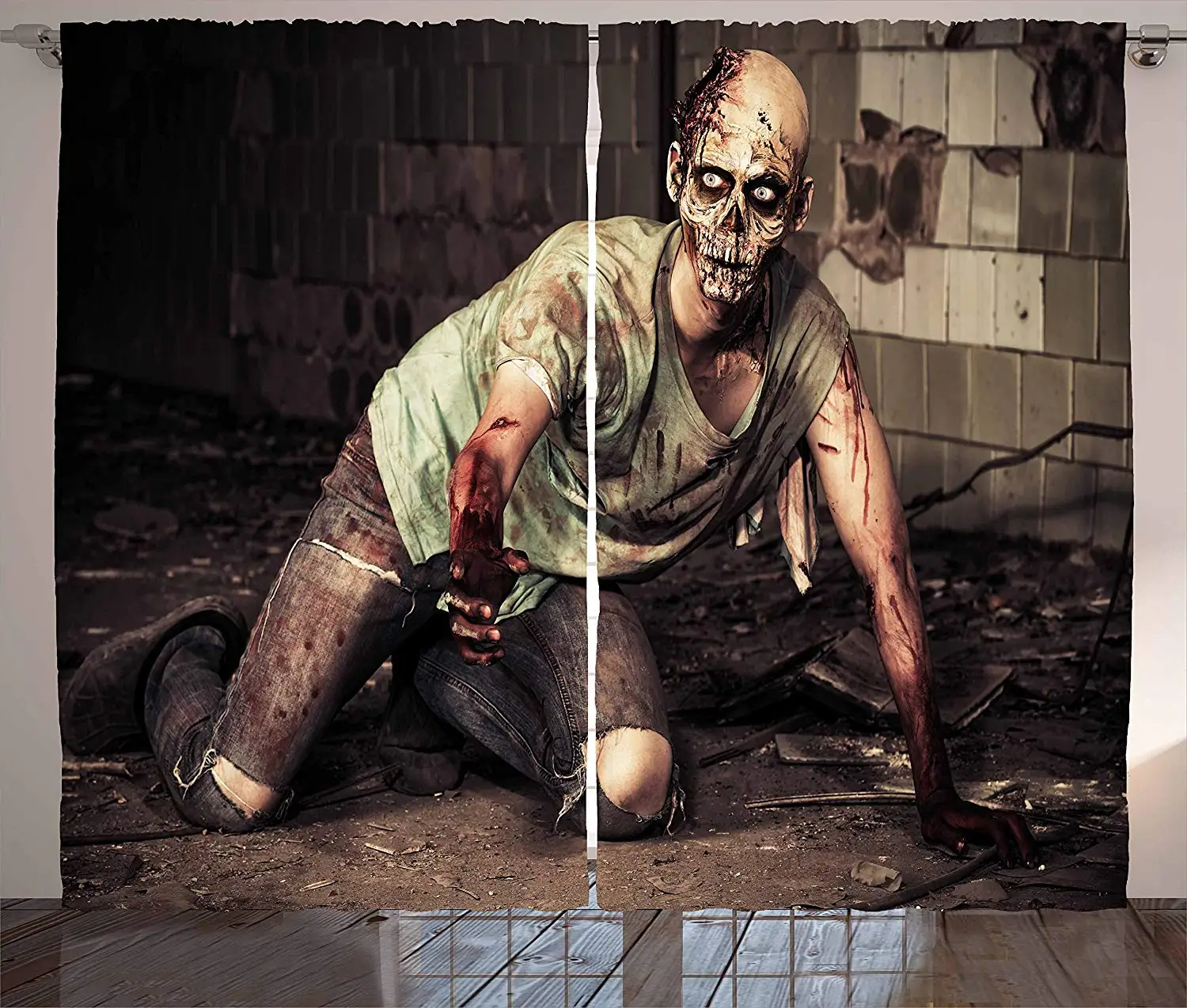 

Zombie Decor Curtains Halloween Scary Dead Man in Old Building with Bloody Head Nightmare Theme Window Drapes for Living Room