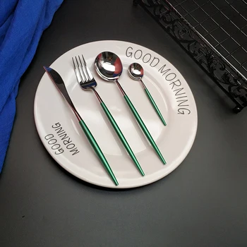 

Hot Sale 4pcs Green Silver Mirror Light Dinnerware Kitchen 304 Stainless steel Knife Fork Spoon Food Tableware Flatware Set