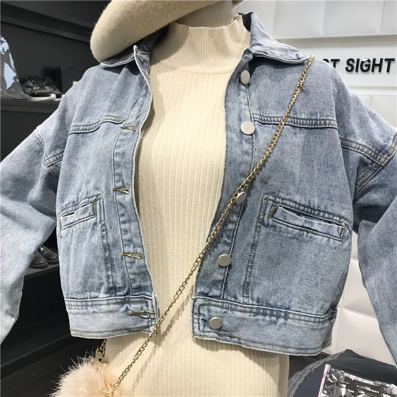 Jeans À Longues Printemps Filles Jean Streetwear Lady Bouton De Manches Court Manteau Ample Veste Manteaux Rétro Outwear Denim 2019 Bleu Revers Femme 0qnFwxOX