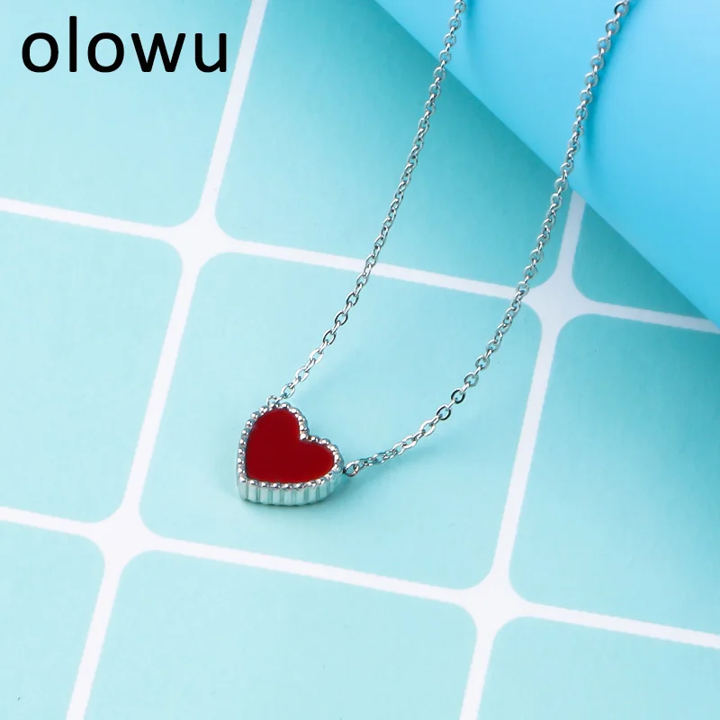 

olowu Kolye Heart Necklace Silver Custom Stainless Steel Necklaces Pendant Women Black Red Heart Necklace Jewelry Wholesale