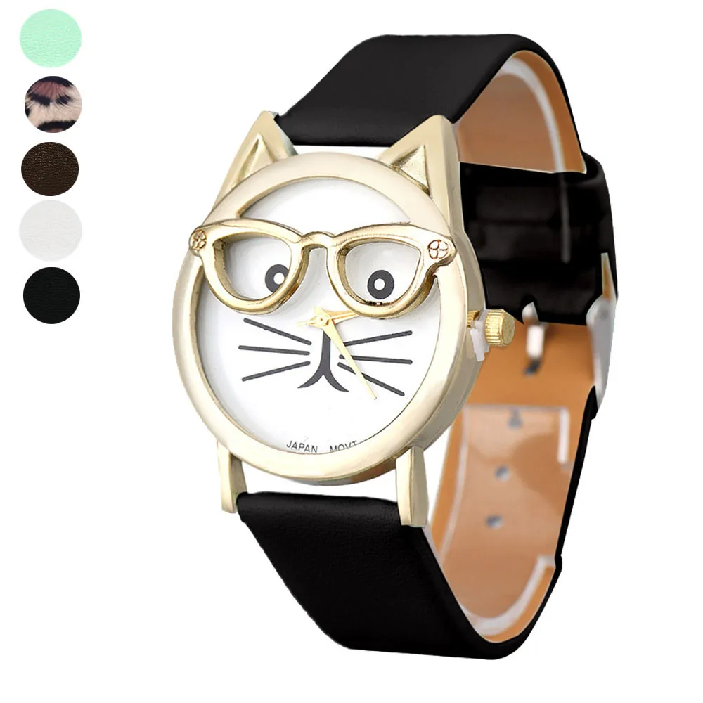 Лидирующий бренд, модные часы с котом и очками, повседневные женские кварцевые часы, Relogio Feminino, кожаный ремешок, новинка,, montre Reloj Muje999