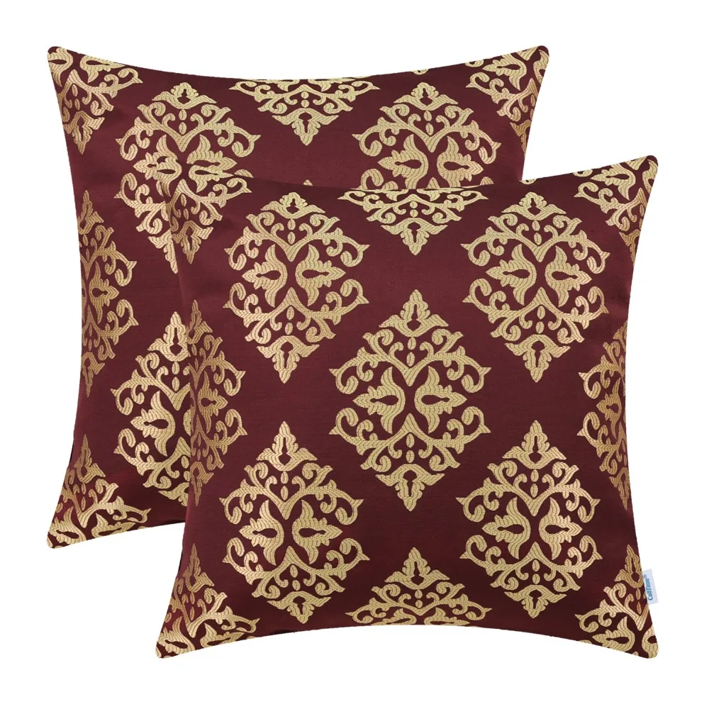 

2PCS Square CaliTime Cushion Covers Throw Pillow Cases Both Sides Vintage Damask Floral 18" X 18" (45cm X 45cm) Burgundy Gold