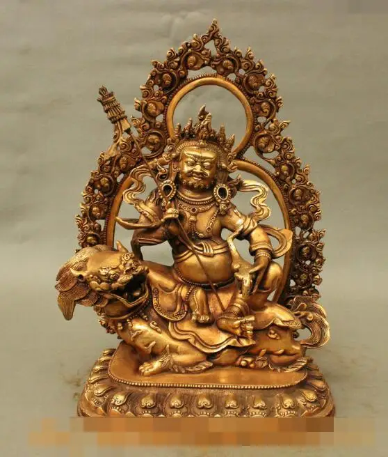 

S7013 13" Tibet Tibetan Buddhism Bronze Vaishravana On Lion Protector Deity Statue D0318