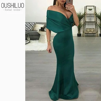 

Elegant Emerald Mermaid Long Formal Evening Dress Gown For Arabic 2019 Dubai Off Shoulder Deep V Neck Bodycon Prom Maxi Dresses
