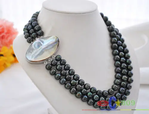 

Hot selling free shipping****** AA+ 3row 20" 11mm peacock black round FW pearl necklace mabe clasp