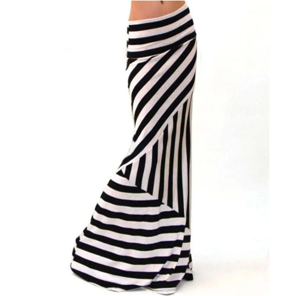 2018 NEW Liva girl Women Asymmetric Vision focus Jupe High Waist Striped Fold Over Stretch Long Maxi Skirt White dropshipping