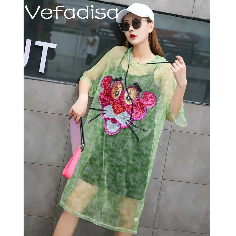 

Vefadisa Women Summer Pink Panther Sequin Dress Women Green Purple Hooded Sun Proof Dress Women Perspective Thin Dress ZQY118A