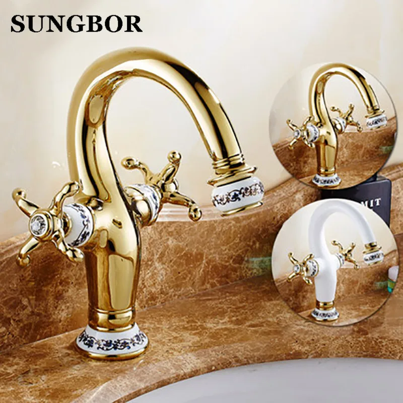 

Luxury Golden ceramics Design Bathroom Basin Faucet,Copper Hot and Cold Water Mixer Tap Fashion Double Handle sink faucet