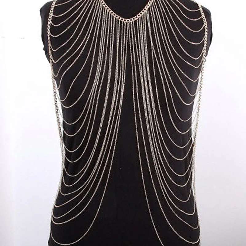 

Trendy Fashion Vintage Sexy Bikini Metal fine Chunky Curb Body Chain Tassel Statement Necklace Women Costume indian Jewelry