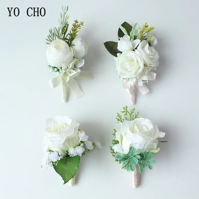 

YO CHO Bridal Silk Roses White Wrist Corsages Cuff Bracelets Bridesmaid Groom Flower Boutonnieres Prom Marriage Wedding Supplies