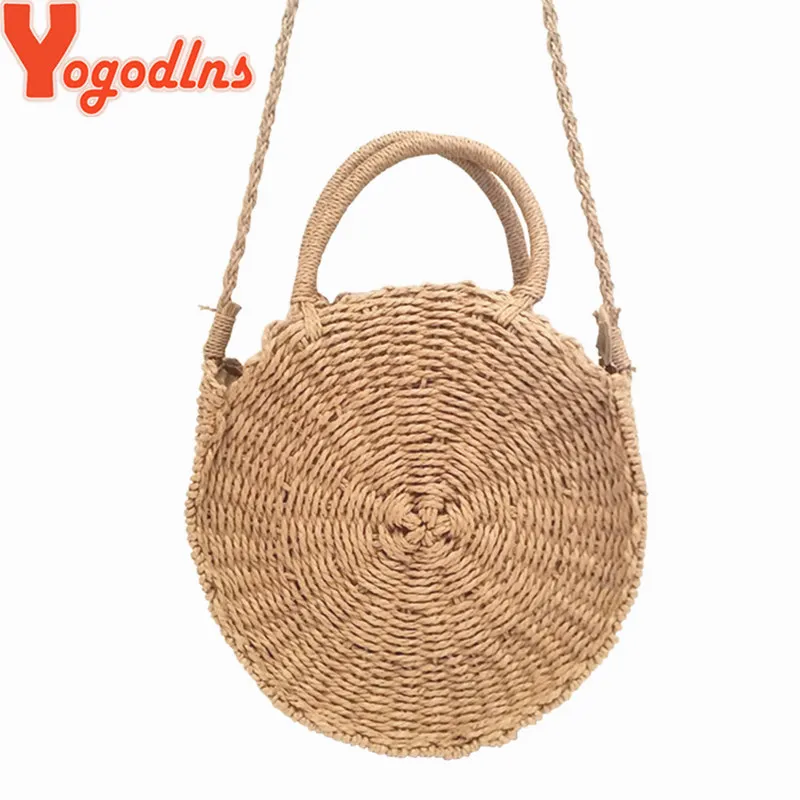 

Yogodlns Bohe Handbag for Women Summer Beach Tote Handmade Rattan Woven Round Shoulder Bags Vintage Straw Knitted Bag