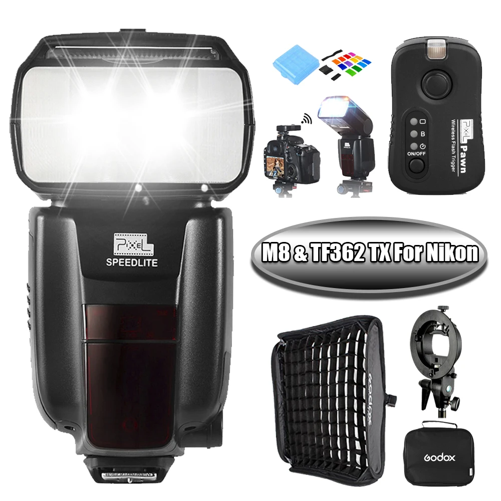 

PIXEL M8 LCD Flash Speedlite with TF-362 Flash Trigger & Godox 60cm x 60cm Softbox For Nikon D7200 D7000 D5000 D3100 D3000 D5200