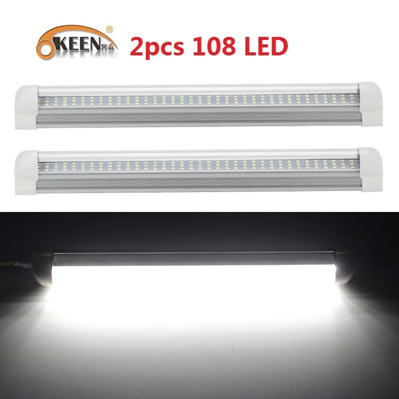 

OKEEN 2x 6W 12V 108 LED Car Interior White Strip Light Bar Lamp Van Caravan ON/OFF Switch For Truck Trailer Caravan Touring Car
