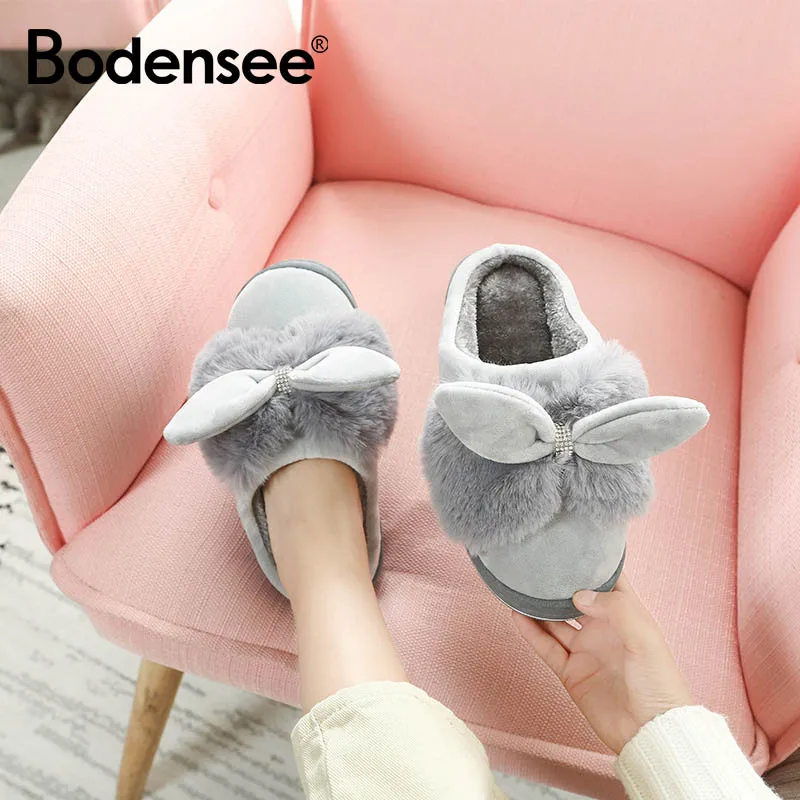 Зимние домашние тапочки BODENSEE женские теплые хлопковые тапки с бантом и камнями