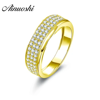 

AINUOSHI Real Gold Half Eternity Matching Band Luxury 14K Solid Yellow Gold 3 Row Drills CZ Engagement Wedding Band Jewelry Gift