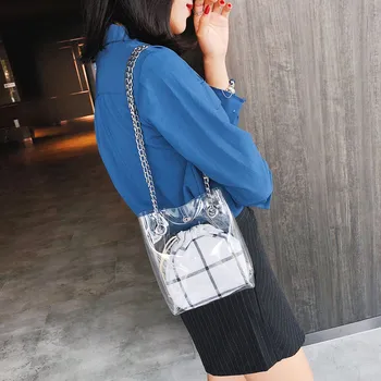 

Transparent Plaid Chain Bucket Shoulder Bags Fashion Girl Lattice Leather Crossbody Bags Women Trave Shoulder Bag Sac #750
