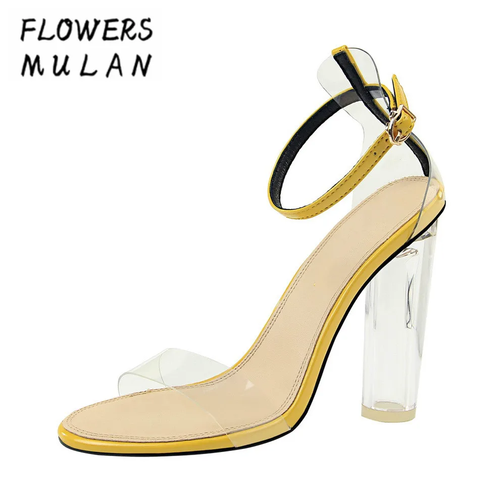 

Fashion High Heels Crystal Heel Lady Sandals Shoes Summer One Buckle Peep Toe Cover Heel Gladiators Chic Transparent PVC Upper