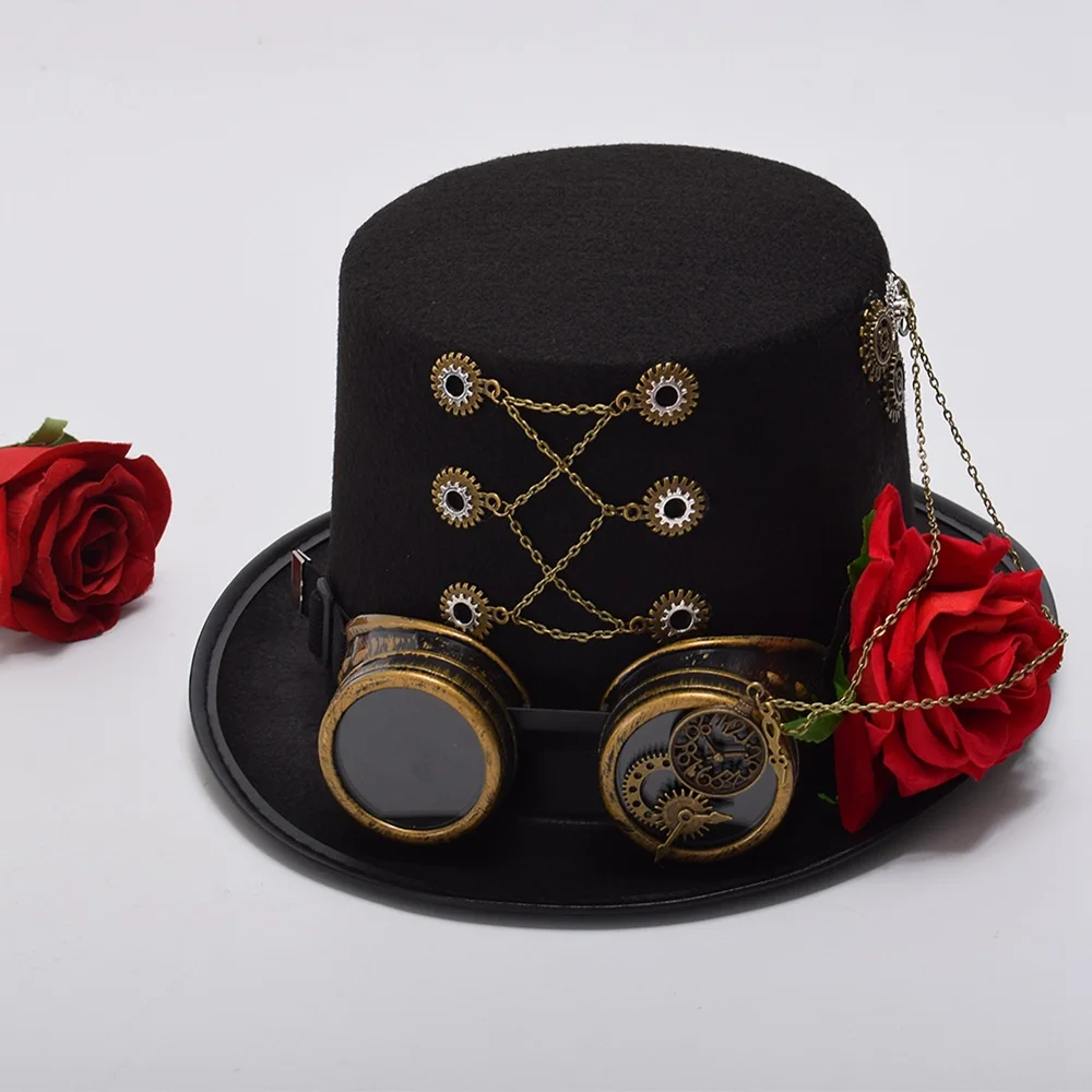 Vintage Steampunk Gear With Gothic Glasses Top Hat Punk Unisex Party Black Hat