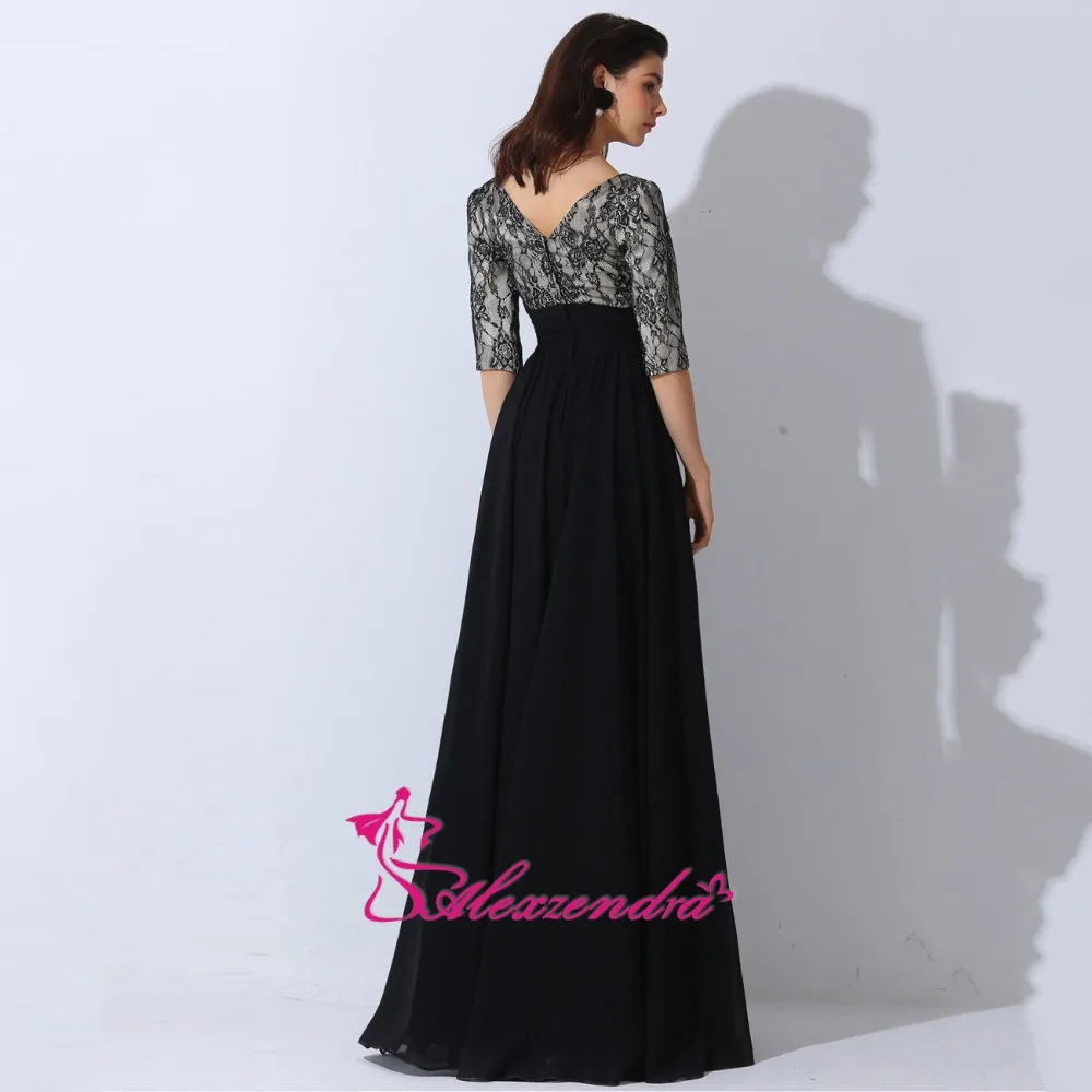 Александра черного кружева двойной V шеи длинным мать невесты платье с Рубашка с короткими рукавами длинные вечерние платья