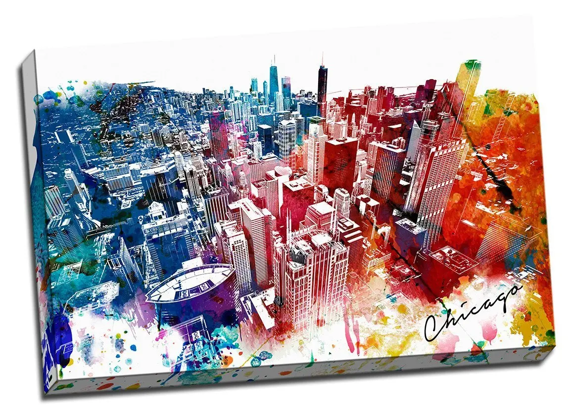 Colorful Downtown Chicago Urban Painting Canvas Wall Art Stretched Onto