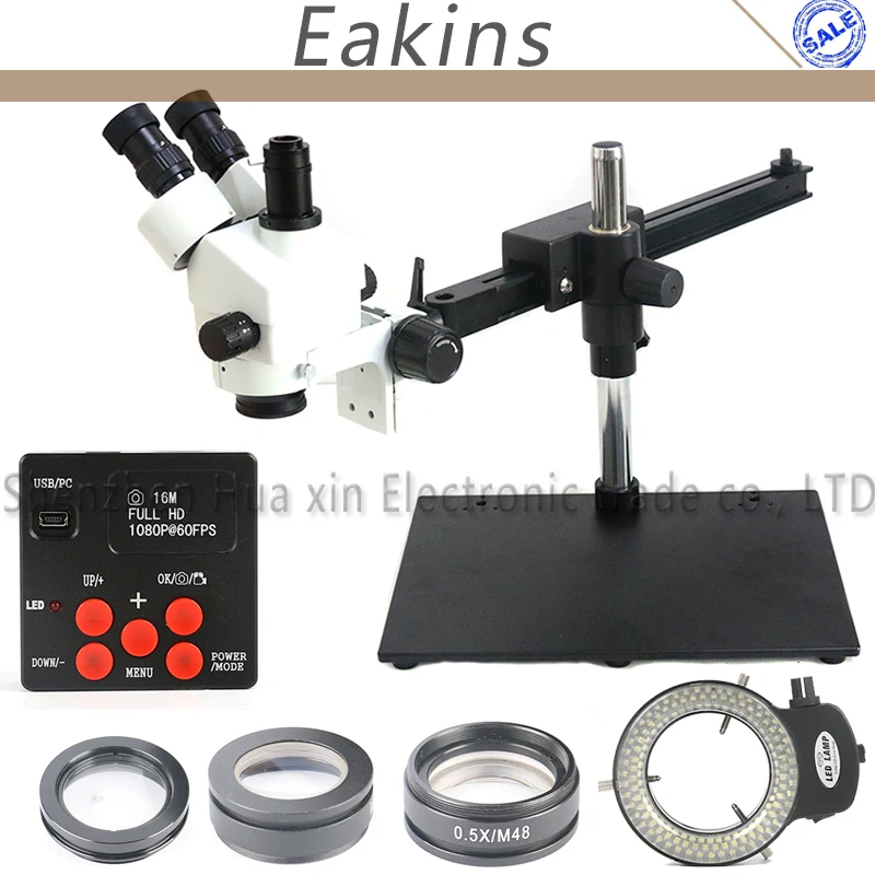 

3.5X-90X Single Boom Guide Stand Stereo Zoom Trinocular Microscope 1080P 16MP Video Camera 144 LED Ring Light Objective Lens